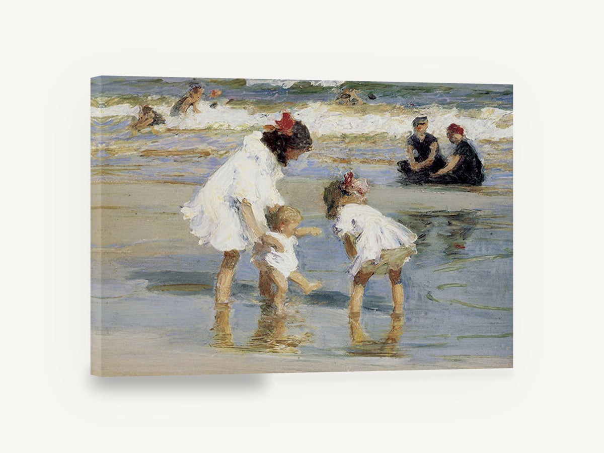 Paddling at the Shallows, children paddling beach impressionist painting, coastal canvas wall art print ready to hang
