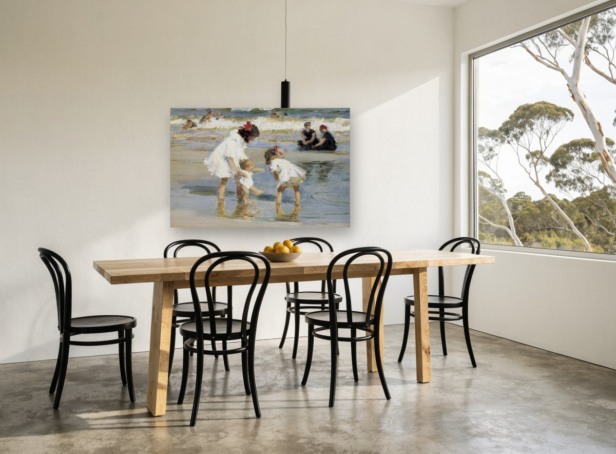 Paddling at the Shallows coastal canvas print on the wall of a dining room