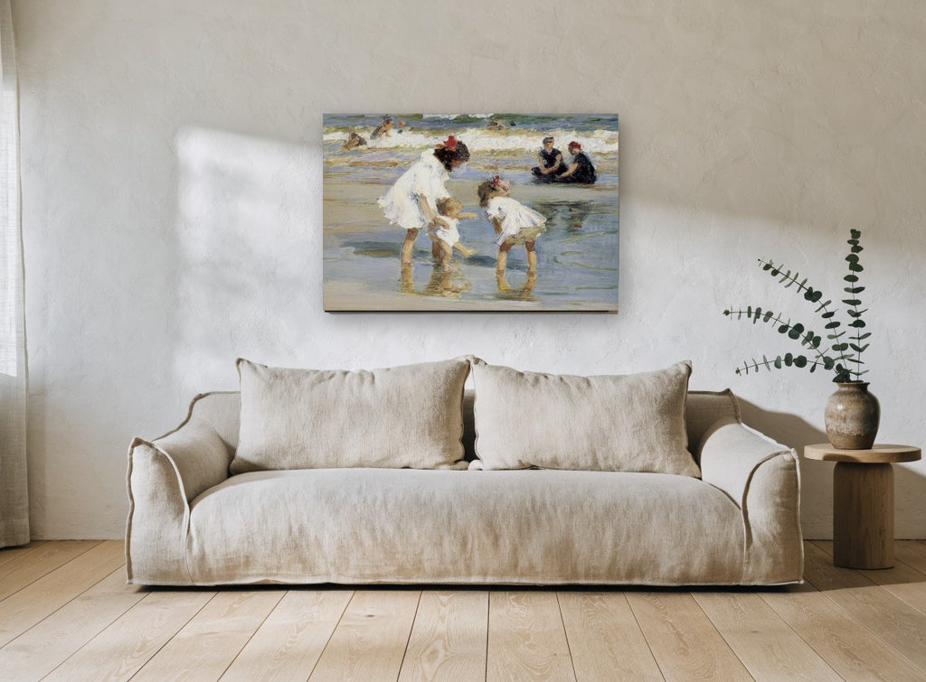 Paddling at the Shallows coastal canvas print on the wall of a living room