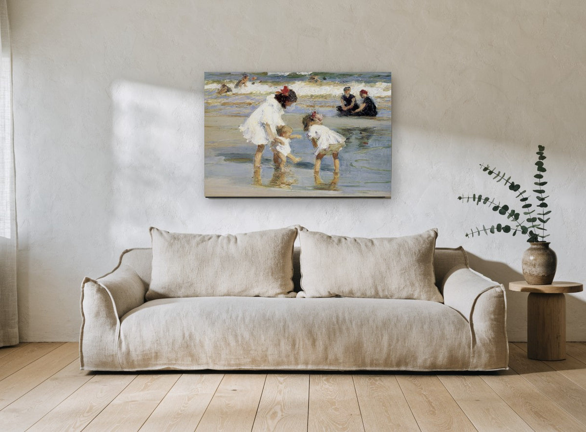 Paddling at the Shallows coastal canvas print on the wall of a living room