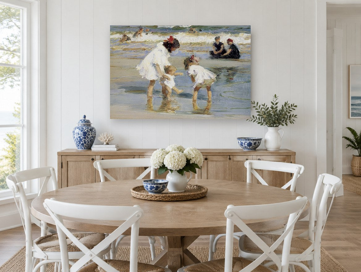 Paddling at the Shallows coastal canvas print on the wall of a Hamptons dining room