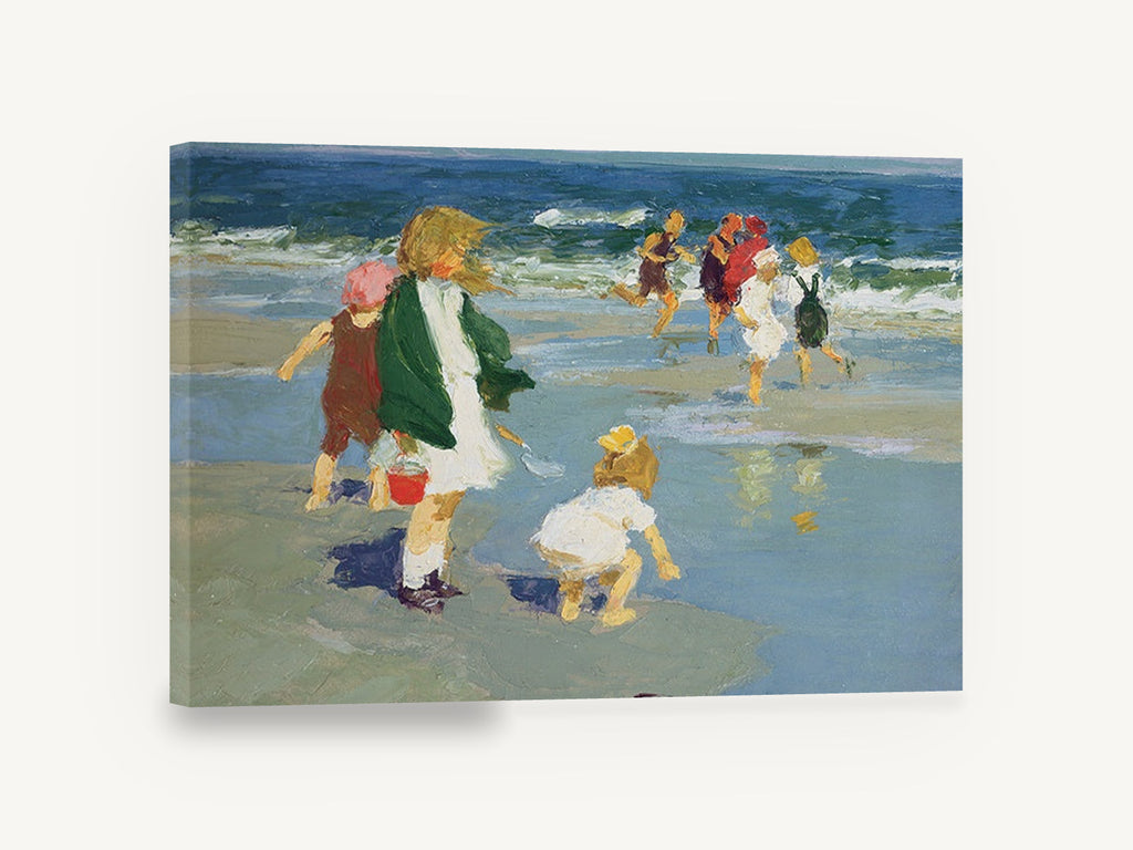 Children at Water's Edge, children playing on beach impressionist seascape, coastal canvas wall art print ready to hang