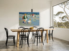 Children at Water's Edge coastal canvas print on the wall of a dining room