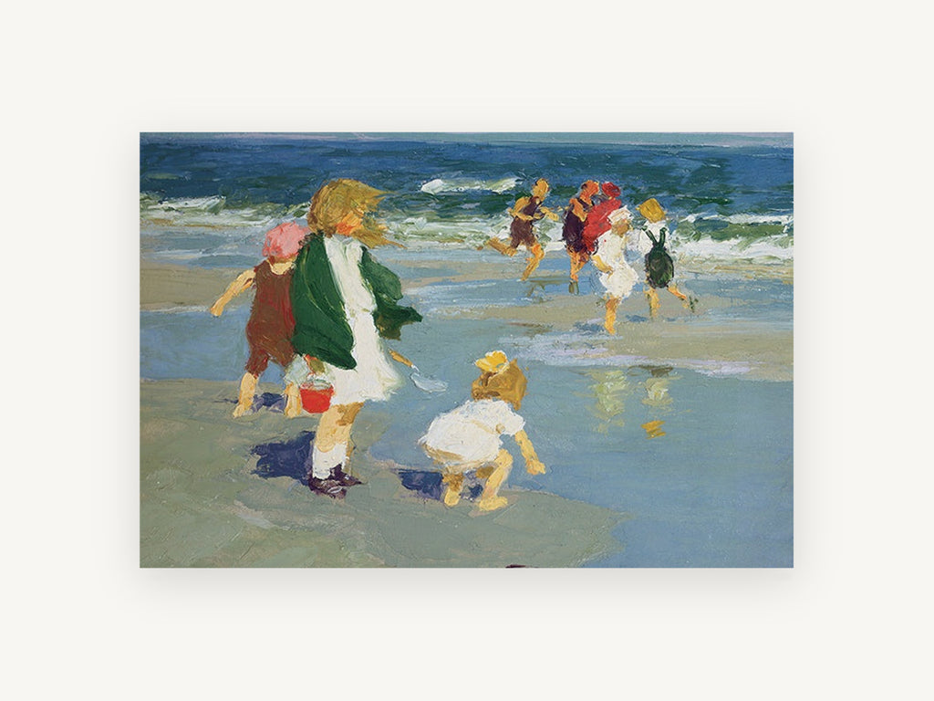 Children at Water's Edge, coastal canvas wall art print, front view