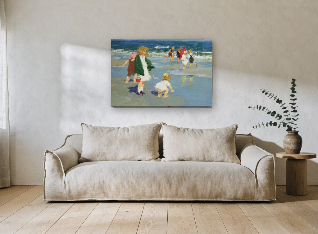 Children at Water's Edge coastal canvas print on the wall of a living room
