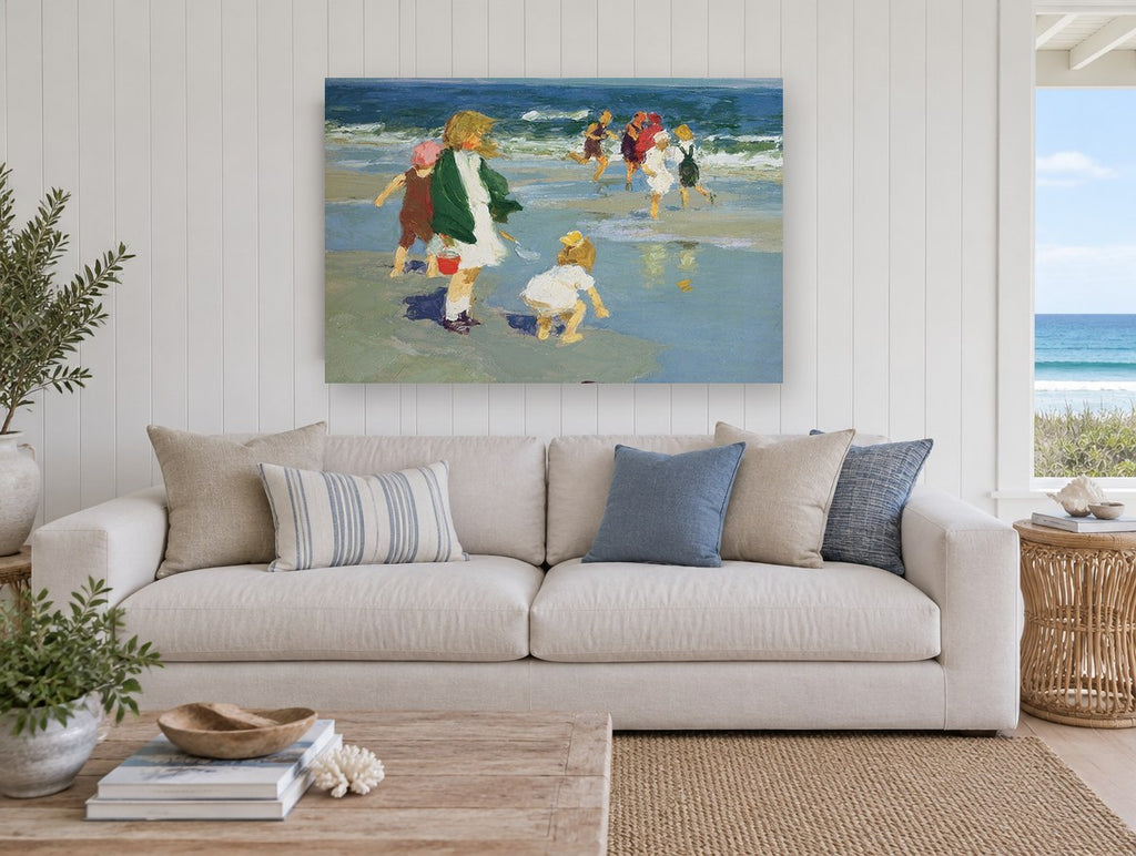 Children at Water's Edge coastal canvas print on the wall of a beach house living room