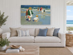 Children at Water's Edge coastal canvas print on the wall of a beach house living room