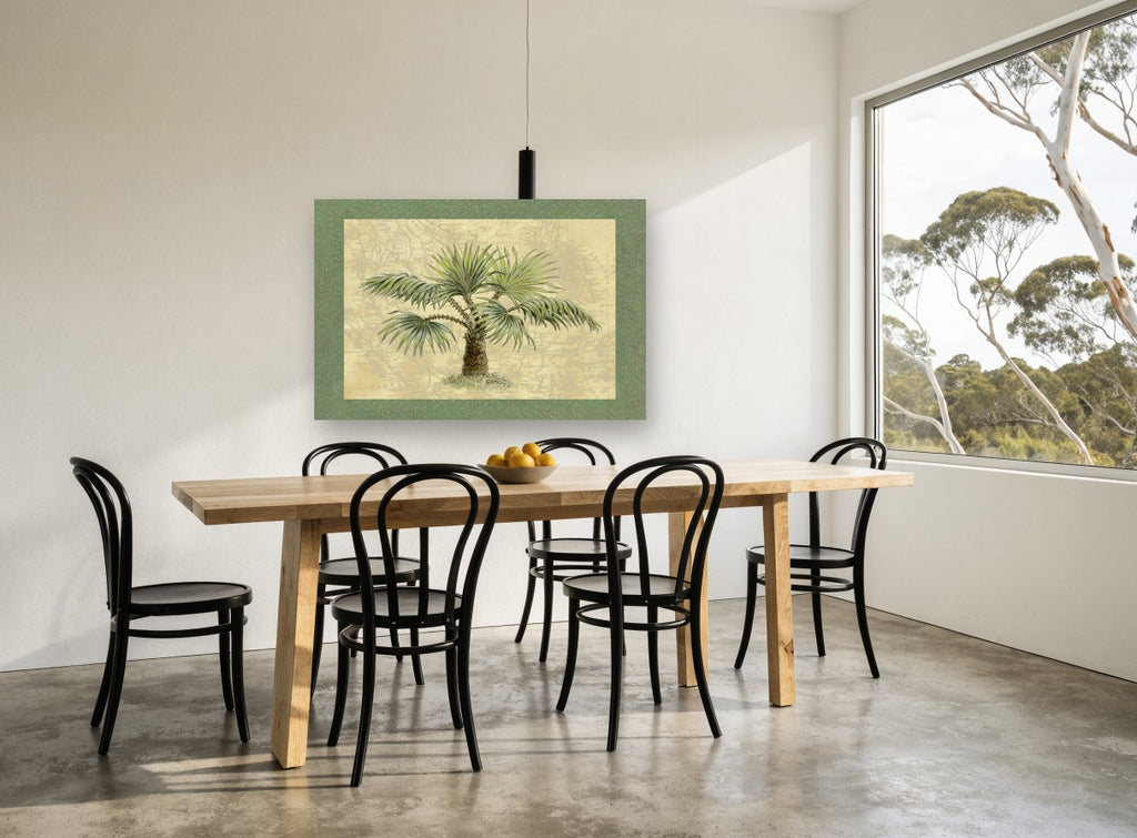 Map Palm Study floral canvas print on the wall of a dining room