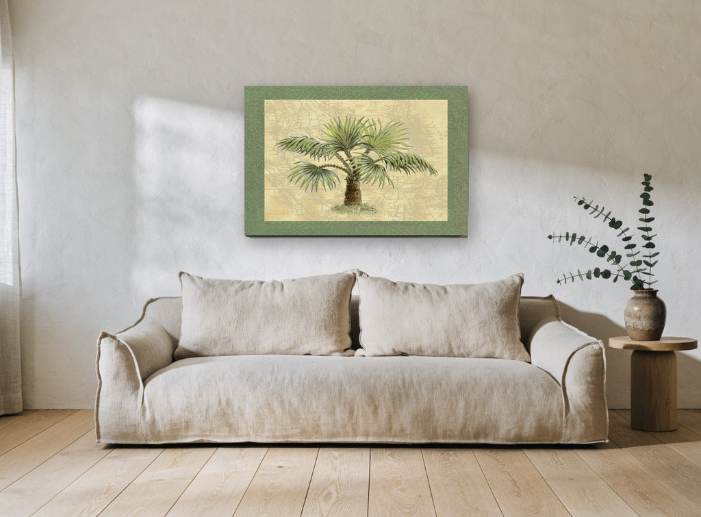Map Palm Study floral canvas print on the wall of a living room