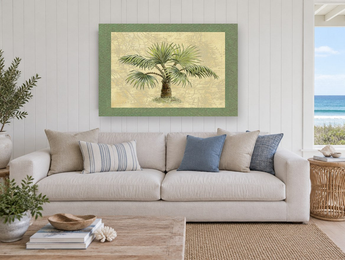 Map Palm Study floral canvas print on the wall of a beach house living room