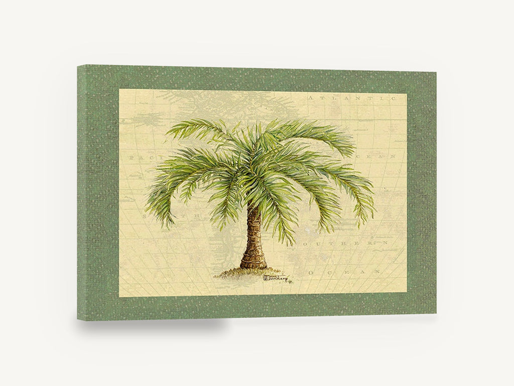 Palm on the Chart, palm tree vintage map botanical illustration, floral canvas wall art print ready to hang