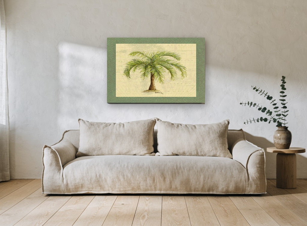 Palm on the Chart floral canvas print on the wall of a living room