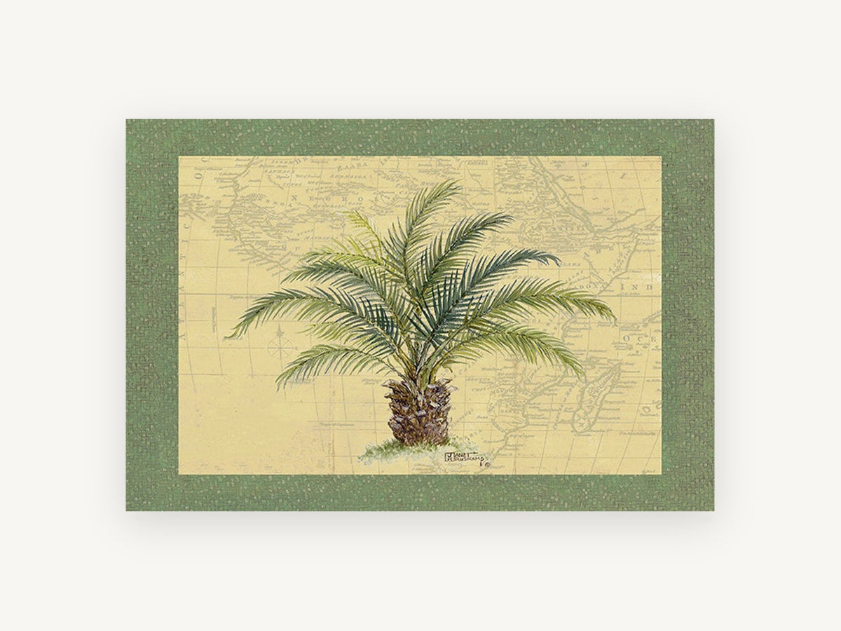 Palm on Old Map, floral canvas wall art print, front view