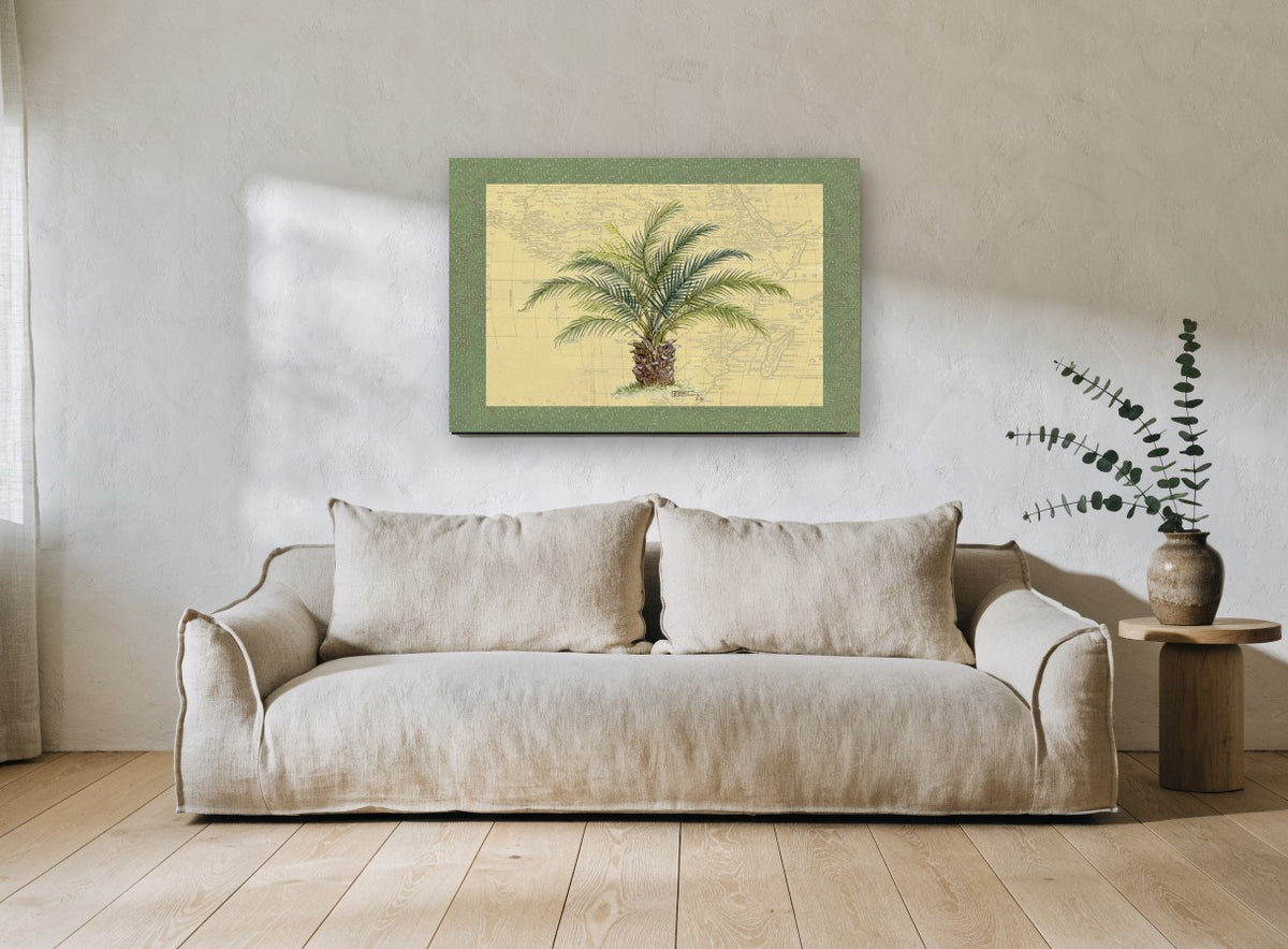 Palm on Old Map floral canvas print on the wall of a living room