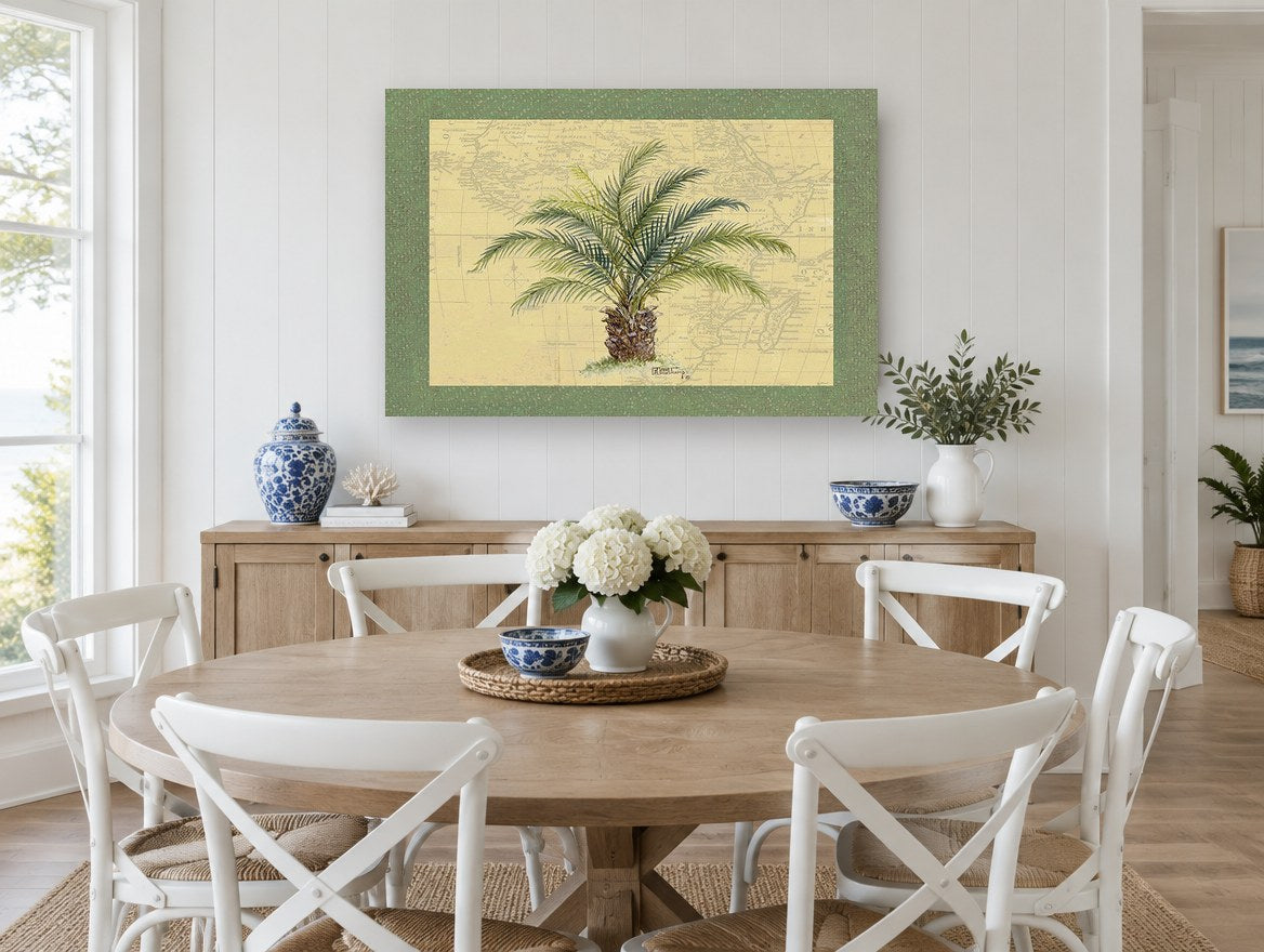 Palm on Old Map floral canvas print on the wall of a Hamptons dining room