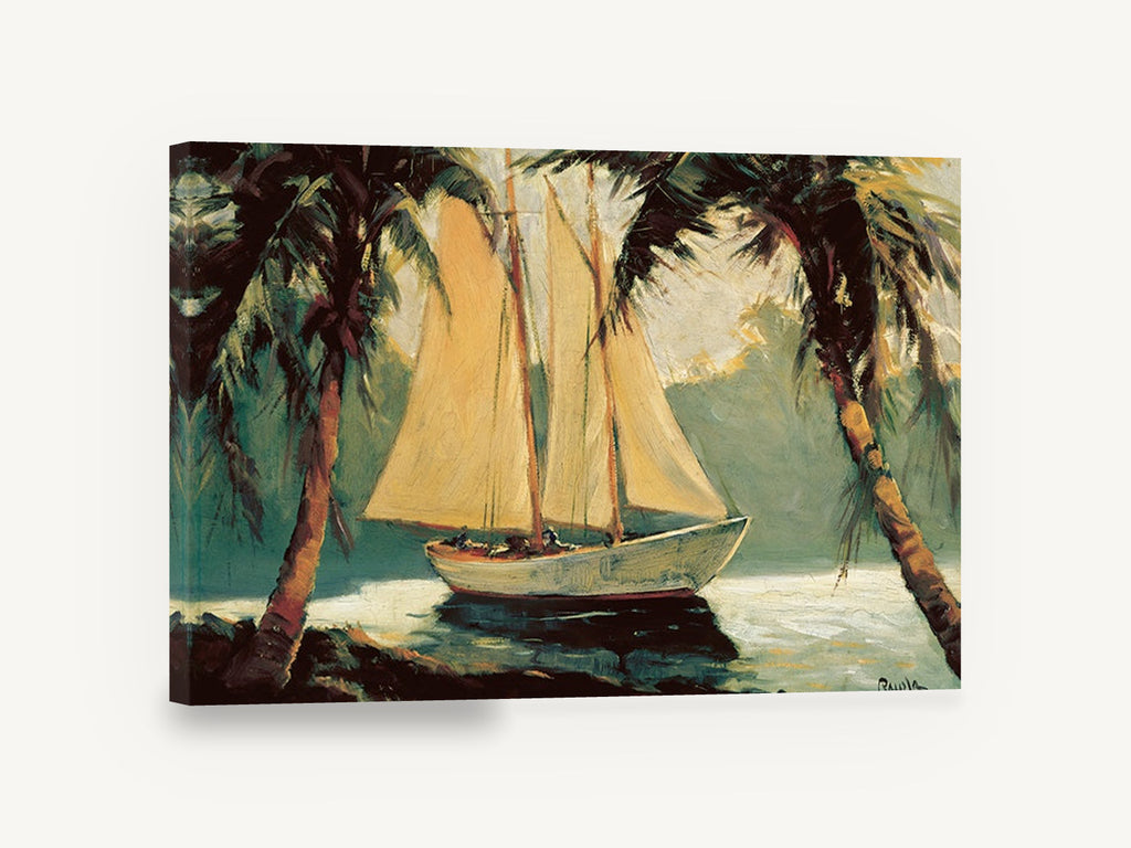 Schooner Between Palms, sailboat between palm trees painting, coastal canvas wall art print ready to hang