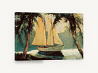 Schooner Between Palms, sailboat between palm trees painting, coastal canvas wall art print ready to hang