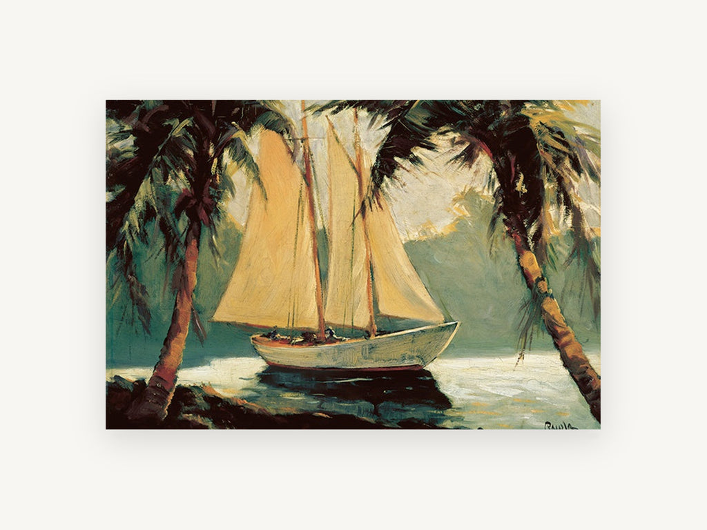Schooner Between Palms, coastal canvas wall art print, front view