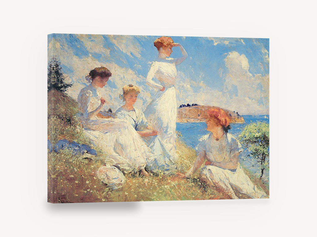 Sunlit Hillside Gathering, women in white seaside impressionist painting, coastal canvas wall art print ready to hang