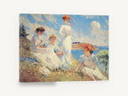 Sunlit Hillside Gathering, women in white seaside impressionist painting, coastal canvas wall art print ready to hang