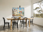Sunlit Hillside Gathering coastal canvas print on the wall of a dining room