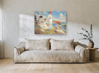 Sunlit Hillside Gathering coastal canvas print on the wall of a living room
