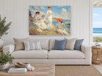 Sunlit Hillside Gathering coastal canvas print on the wall of a beach house living room