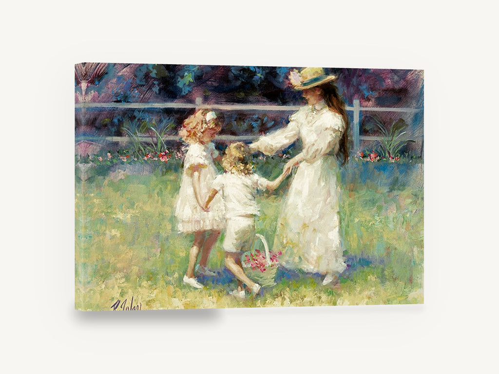 Garden Circle Dance, mother and children dancing garden painting, floral canvas wall art print ready to hang