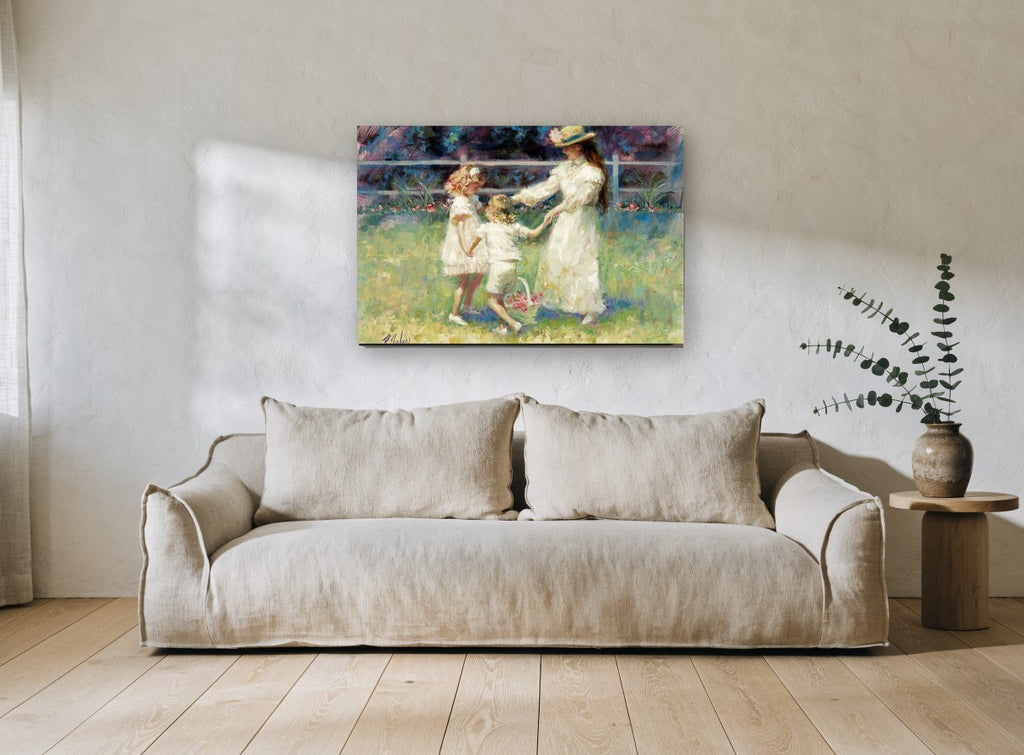 Garden Circle Dance floral canvas print on the wall of a living room