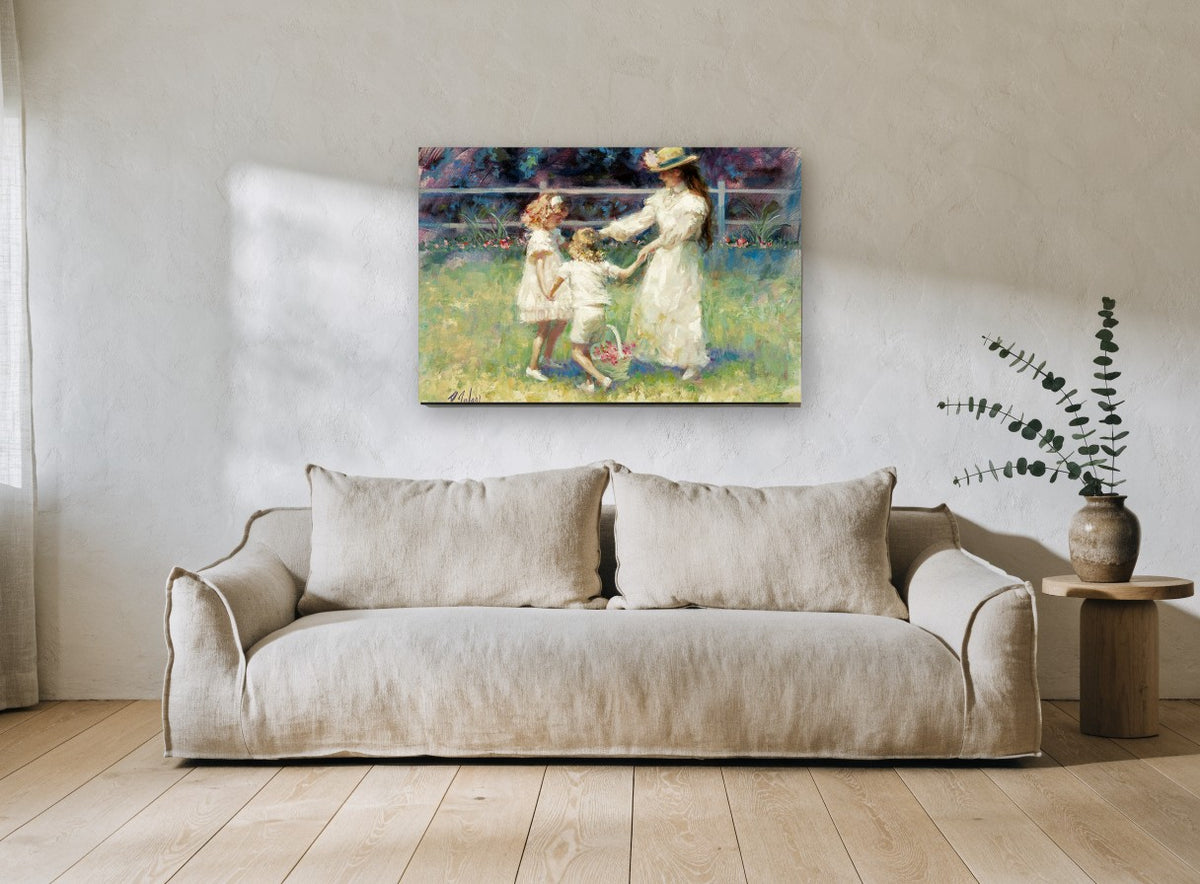 Garden Circle Dance floral canvas print on the wall of a living room