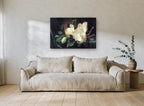 Magnolia on Teal Velvet floral canvas print on the wall of a living room