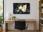 Magnolia on Teal Velvet floral canvas print on the wall of a study
