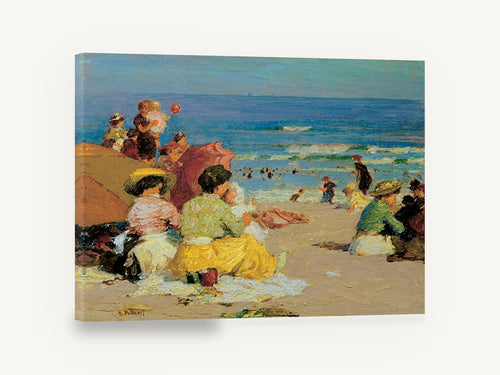 Afternoon on the Sand, vintage beach scene families seascape, coastal canvas wall art print ready to hang