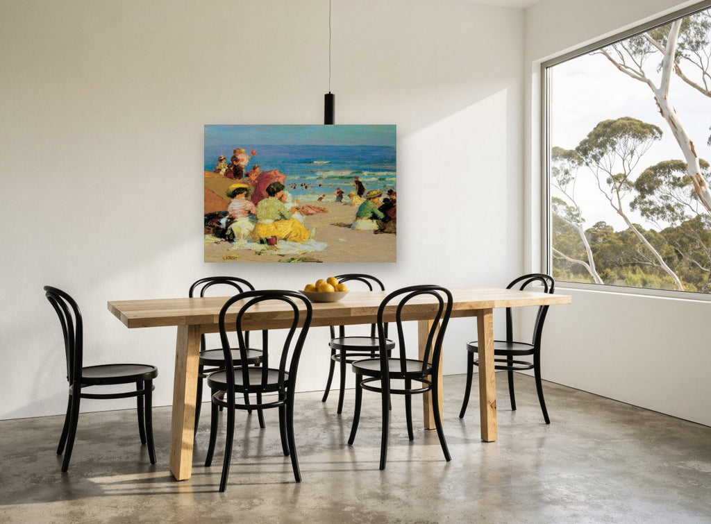 Afternoon on the Sand coastal canvas print on the wall of a dining room