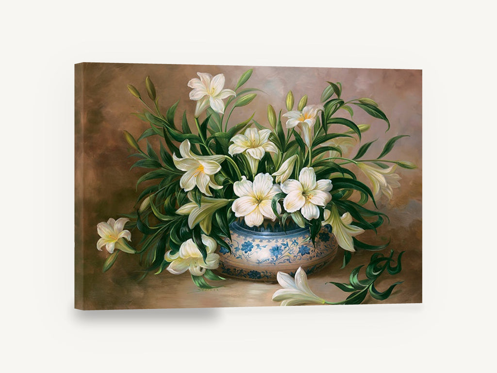 Lilies in Blue Bowl, white lilies blue porcelain bowl still life, floral canvas wall art print ready to hang