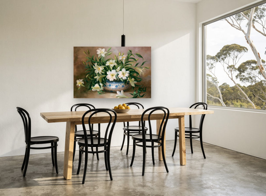 Lilies in Blue Bowl floral canvas print on the wall of a dining room