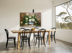 Lilies in Blue Bowl floral canvas print on the wall of a dining room