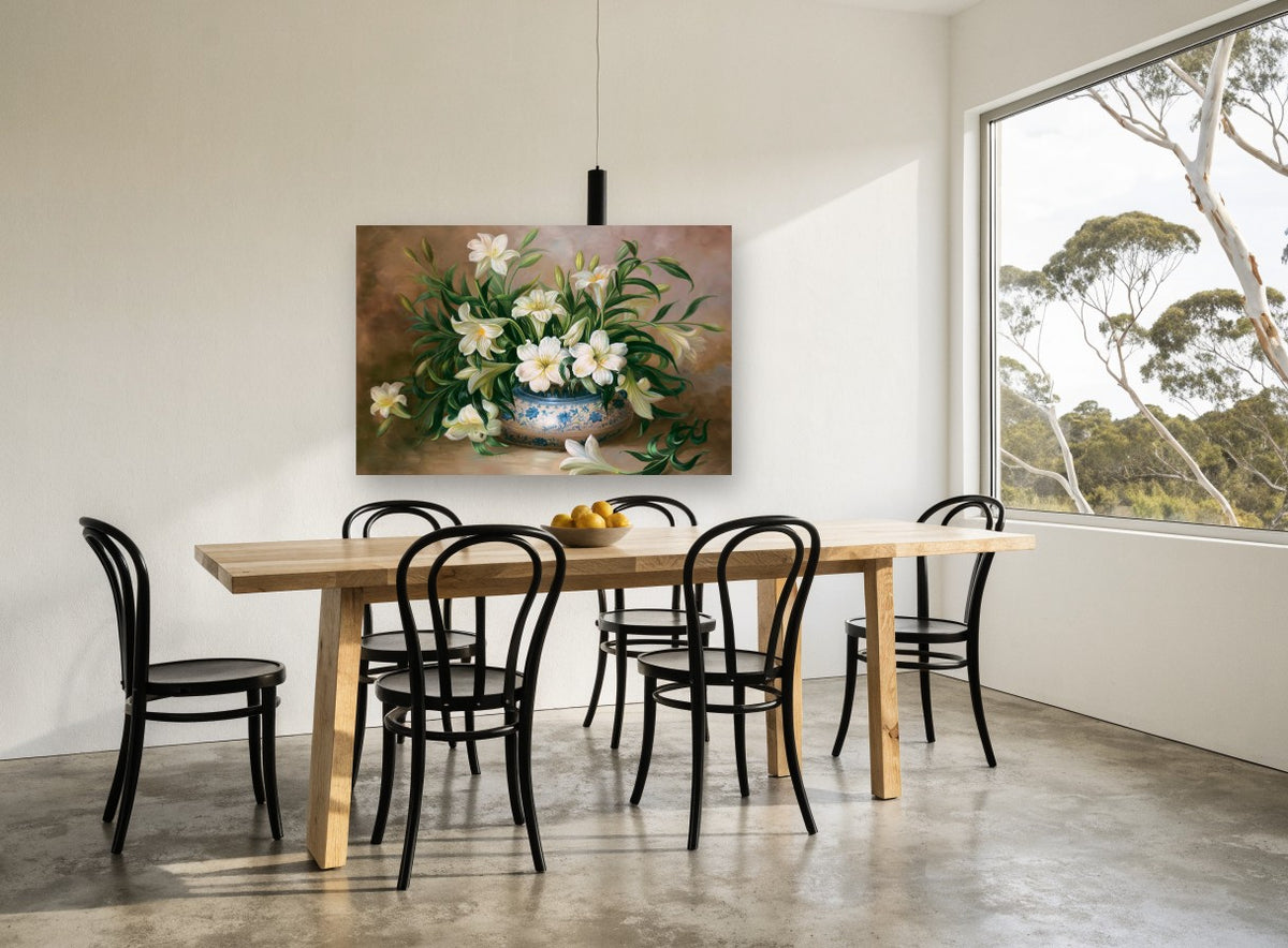 Lilies in Blue Bowl floral canvas print on the wall of a dining room