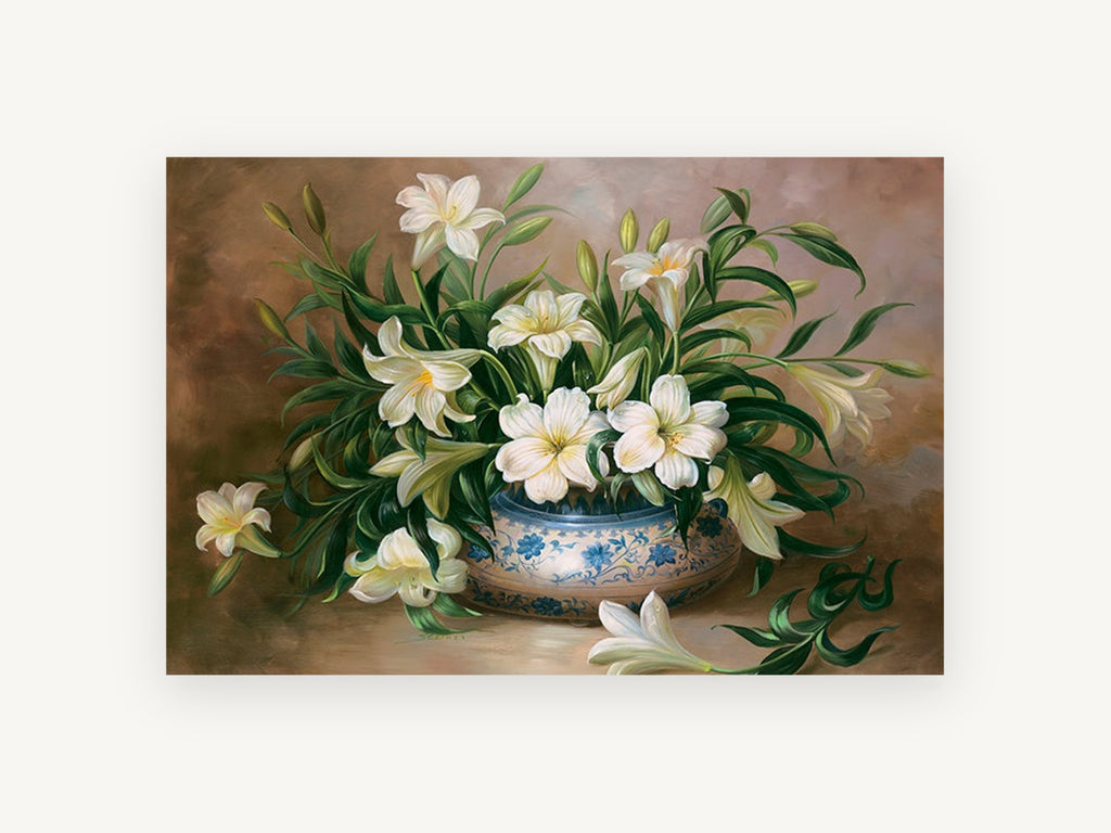Lilies in Blue Bowl, floral canvas wall art print, front view