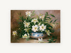 Lilies in Blue Bowl, floral canvas wall art print, front view