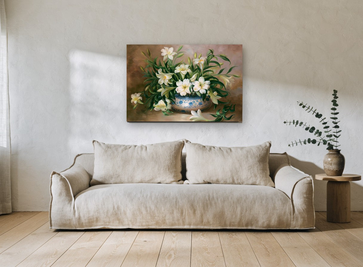 Lilies in Blue Bowl floral canvas print on the wall of a living room