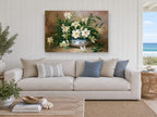 Lilies in Blue Bowl floral canvas print on the wall of a beach house living room