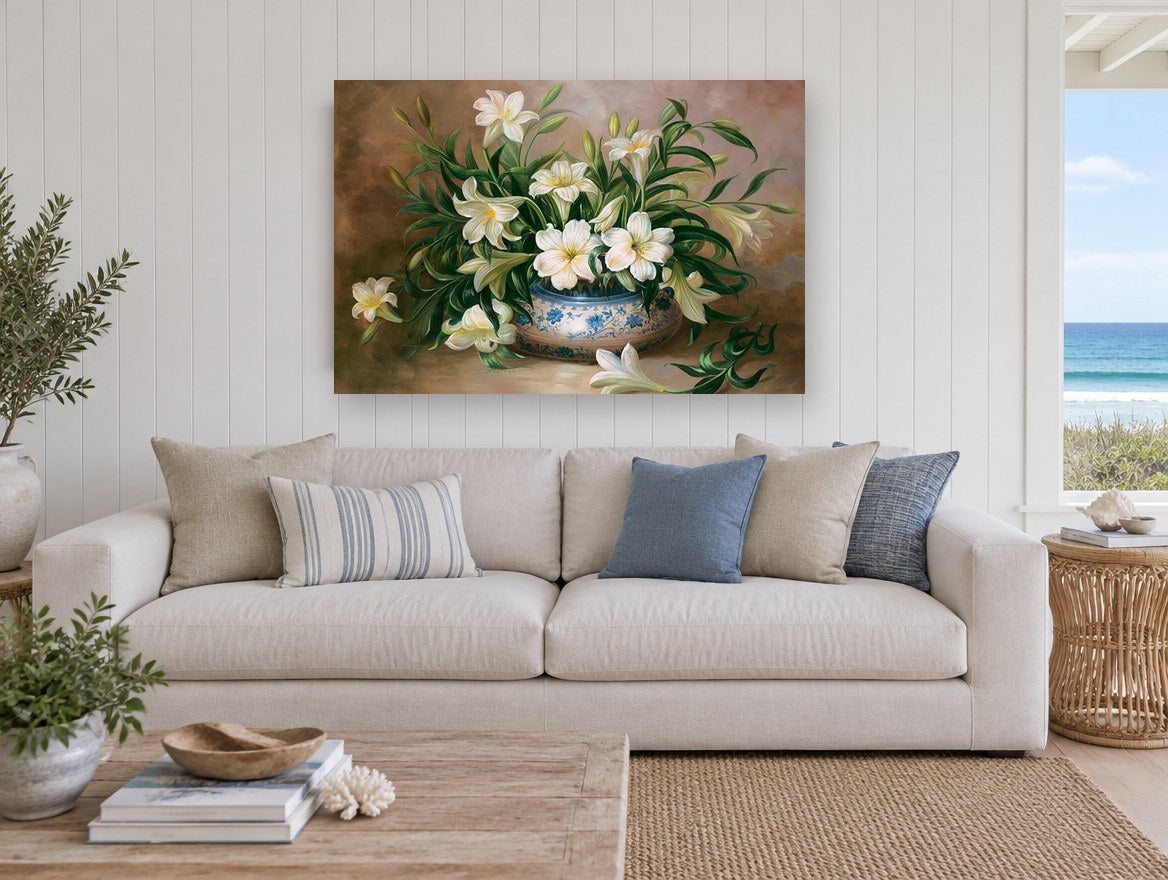 Lilies in Blue Bowl floral canvas print on the wall of a beach house living room