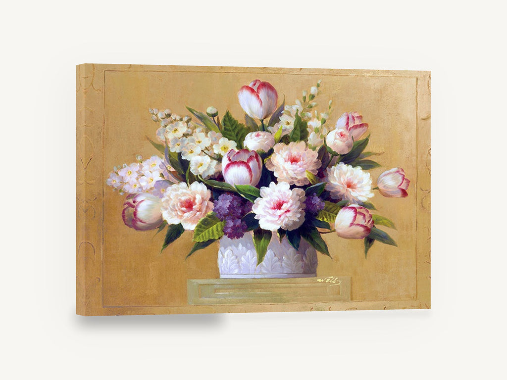 Peonies and Tulips in Urn, pink peony tulip floral still life, floral canvas wall art print ready to hang