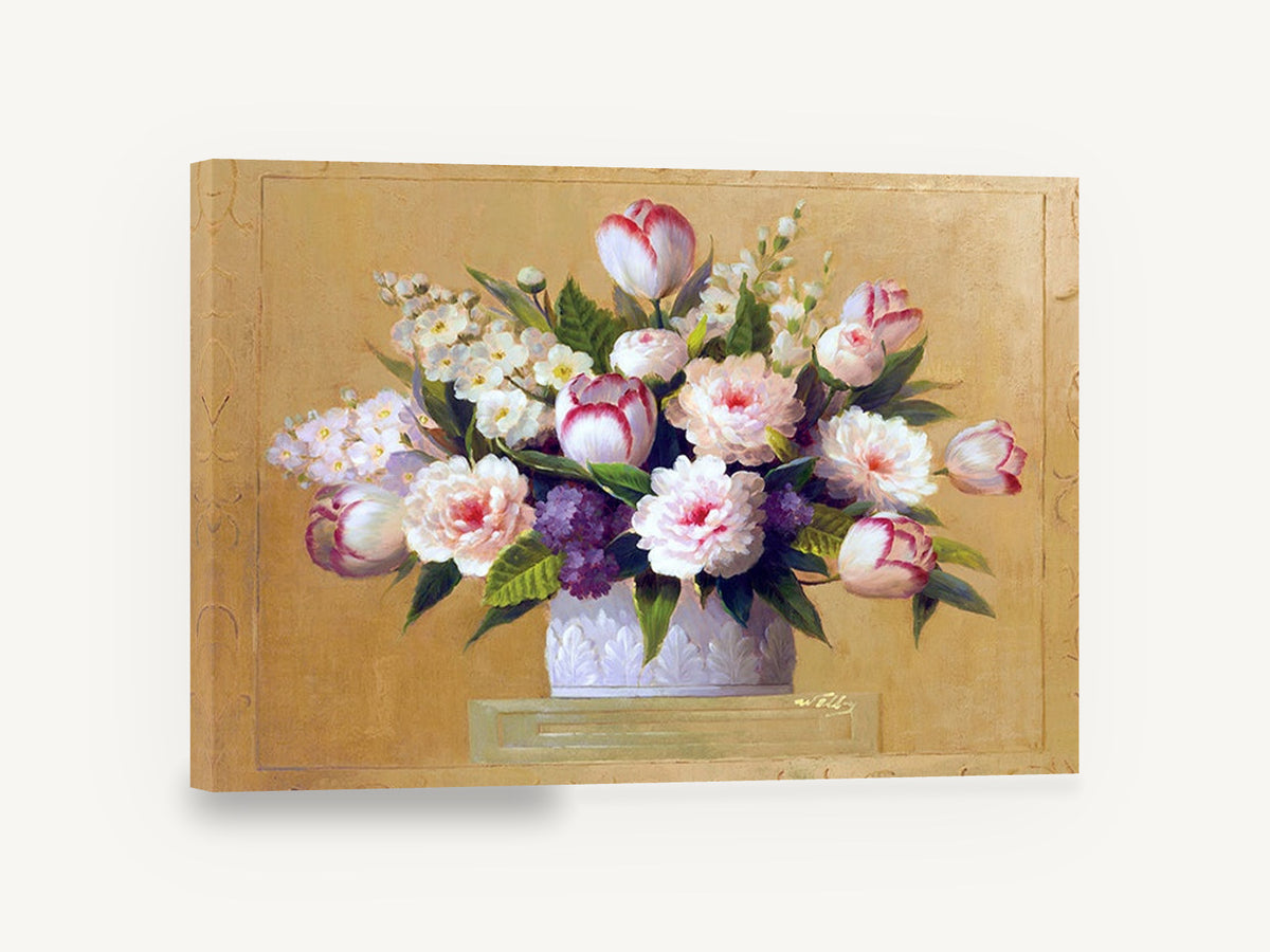 Peonies and Tulips in Urn, pink peony tulip floral still life, floral canvas wall art print ready to hang