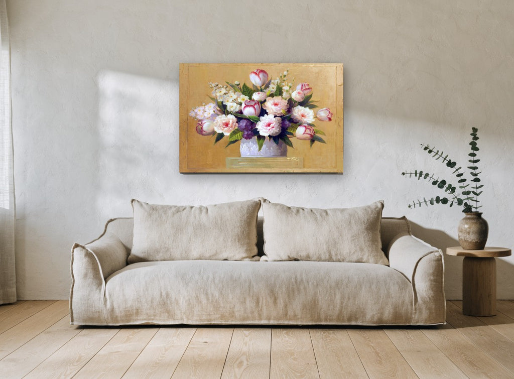 Peonies and Tulips in Urn floral canvas print on the wall of a living room