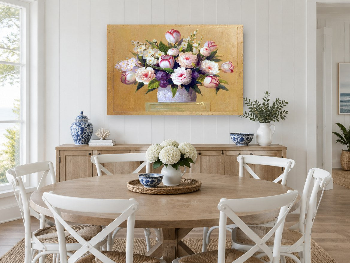 Peonies and Tulips in Urn floral canvas print on the wall of a Hamptons dining room