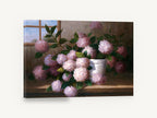 Windowsill Pink Hydrangeas, pink hydrangea still life painting, floral canvas wall art print ready to hang