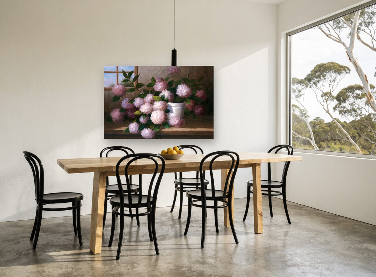 Windowsill Pink Hydrangeas floral canvas print on the wall of a dining room