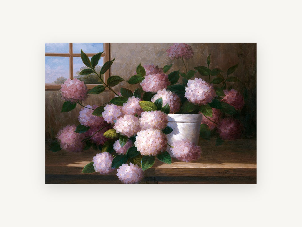 Windowsill Pink Hydrangeas, floral canvas wall art print, front view